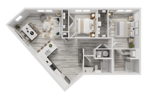 A top-down view of a house layout with a kitchen, living room, and bathrooms.